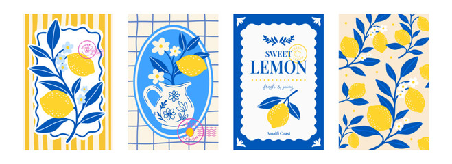Obraz premium Lemon poster set. Mediterranean summer citrus fruit print. Amalfi Coast Italian pitcher jug and floral branch illustration. Sicily Menton coastal aesthetic pattern wall art