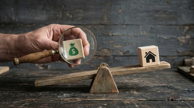 Magnifying glass over money bag on balance scale with house