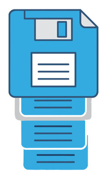 Stack of minimal digital document icons featuring a floppy disk save symbol on a plain white background modern data storage concept
