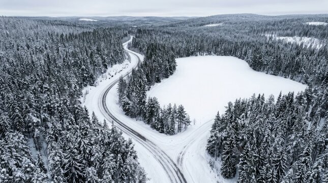 Winding road through snowy coniferous forest landscape aerial perspective during winter season