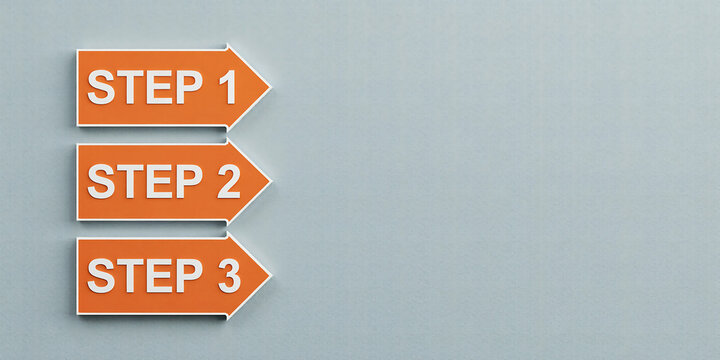Sequential orange arrows labeled step 1 step 2 step 3 pointing right planning strategy sequence development business progression management workflow direction instruction achievement