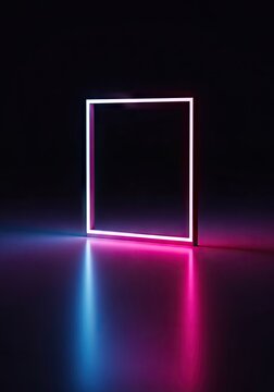 Pink and blue glowing neon square on dark reflective floor.