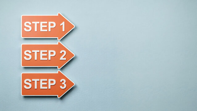 Three orange arrows labeled step 1 step 2 and step 3 on grey background with workflow sequence instruction business planning strategy development direction management corporate improvement