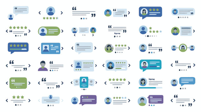 Collection of customer testimonial quote boxes with user avatars and star ratings. EPS Editable