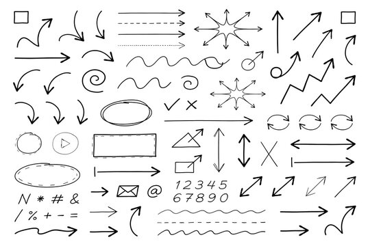 Set of hand-drawn doodle arrows and decorative design elements on white background with sketches elements handdrawn graphics pointers collection annotation direction pointing scribble