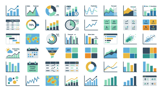 Collection of various business data charts and financial analysis infographics icons. EPS Editable