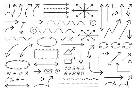 Assorted hand-drawn doodle arrows and decorative graphic markers on white background with sketches elements handdrawn graphics pointers collection annotation direction pointing scribble