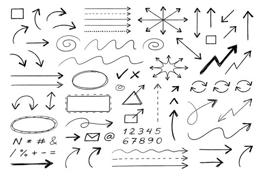 Collection of hand-drawn sketchy doodle arrows and graphic design elements with sketches elements handdrawn graphics pointers collection annotation direction pointing scribble
