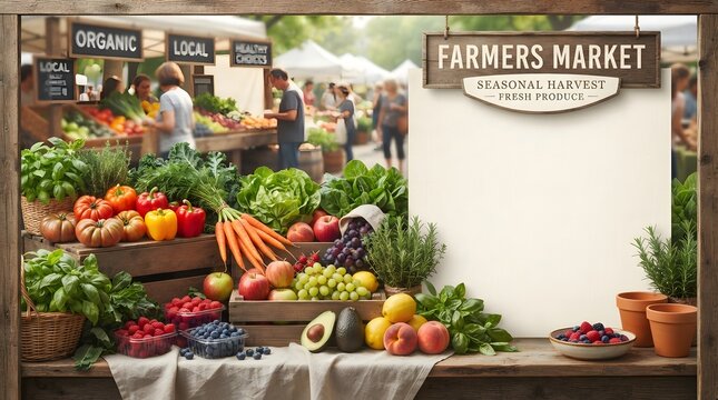 Farmers market stall with fresh organic vegetables and a blank sign for your custom text advertisement