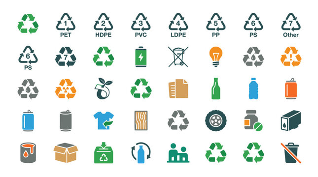 Comprehensive collection of recycling icons and plastic resin identification codes. EPS Editable