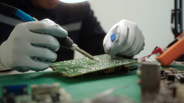 Close-up an electronics technician soldering a printed circuit board during electronic equipment repair. Precision engineering, PCB diagnostics, right to repair. Technology and electronics service.
