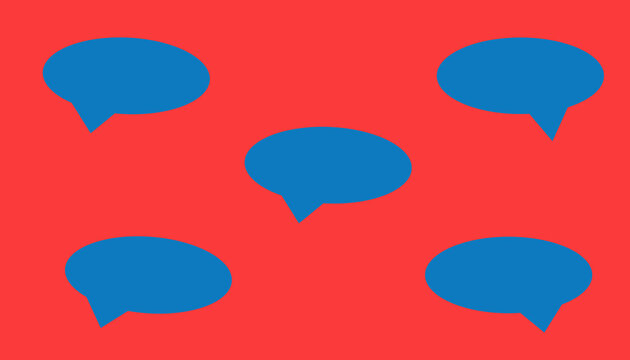 Vibrant red background with five symmetrical blue speech bubbles arranged in a cross pattern. Represents conversation, dialogue, chat, or group communication.