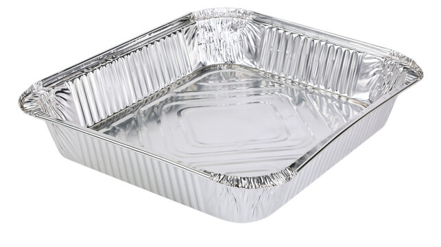 Shiny aluminum foil baking tray isolated on a transparent background, perfect for food preparation, cooking, and catering needs