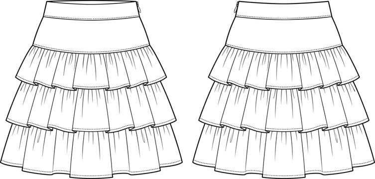 Women's casual tiered ruffle mini skirt flat sketch technical drawing vector illustration front and back views
