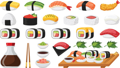 Traditional Japanese Seafood Sushi Vector Collection Featuring Assorted Maki Rolls Nigiri Platter Tempura Soy Sauce and Wasabi Elements for Food Branding © MdShamim