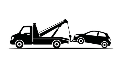 Naklejka premium Tow truck lifting a compact car black silhouette