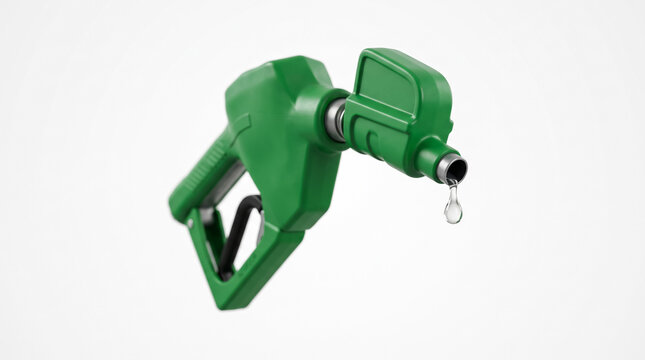 Green fuel nozzle with dripping liquid. Gas pump handle for refueling vehicles isolated.