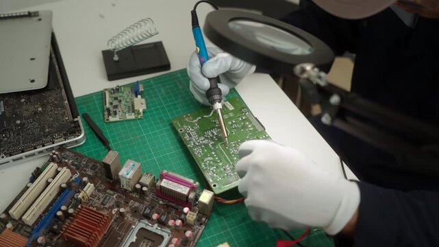 Close-up an electronics technician soldering a printed circuit board during electronic equipment repair. Precision engineering, PCB diagnostics, right to repair. Technology and electronics service.
