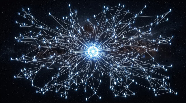 Digital network connection with glowing nodes. Abstract data structure and tech background.