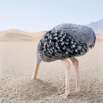 Ostrich pecking sand in desert landscape