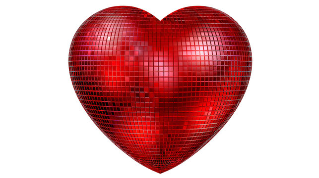 A vibrant red disco ball heart shape isolated on a transparent background, symbolizing love, romance, and celebration with a dazzling reflective surface