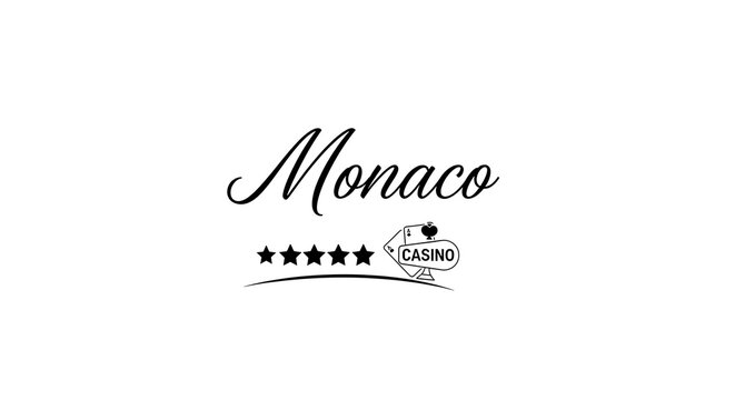 Monaco casino script typography with playing cards and stars on white background