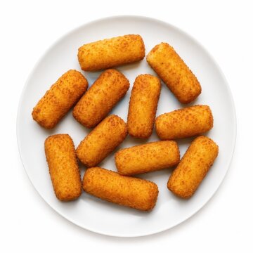 Goldbraun gebackene Kroketten mit knuspriger Panade, gleichm&auml;&szlig;ig auf einem wei&szlig;en Teller angerichtet und aus der Vogelperspektive vor reinwei&szlig;em Hintergrund fotografiert.