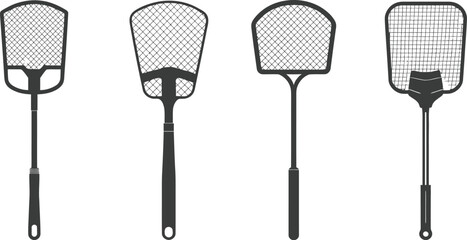 Fly swatter icon set featuring insect killer, mosquito racket, handheld pest control tool, and bug repellent vector illustrations for household use. © Golapi