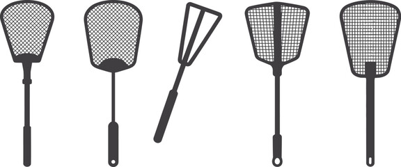 Fly swatter icon set featuring insect killer, mosquito racket, handheld pest control tool, and bug repellent vector illustrations for household use. © Golapi