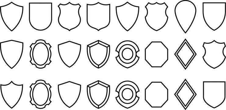 Set of various shield shapes and heraldic crest outlines isolated on a white background for design projects