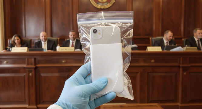 A hand in a blue glove holds a smartphone in a clear evidence bag in front of a blurred judges bench inside a courtroom. Concept of digital evidence presentation, legal trial, and justice.