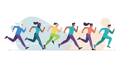 Fototapeta premium Diverse group of people of various backgrounds jogging together on a track, representing health, fitness, community, and active lifestyles.