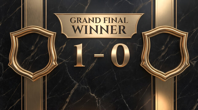 Golden grand final winner scoreboard template displaying one zero score text with blank shield frames on black marble background texture