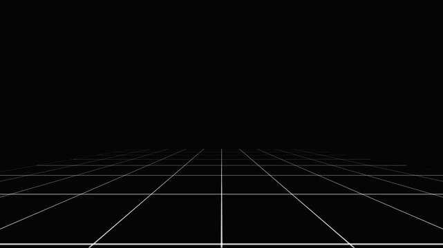Digital grid planes receding into deep black space with subtle wireframe perspective lines