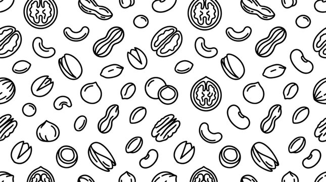 Seamless pattern with various nuts and seeds in hand drawn sketch style for food design Vector