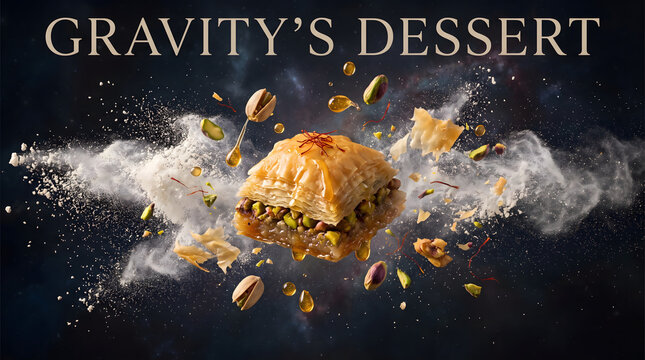 Floating piece of sweet baklava dessert with pistachio and powdered sugar explosion