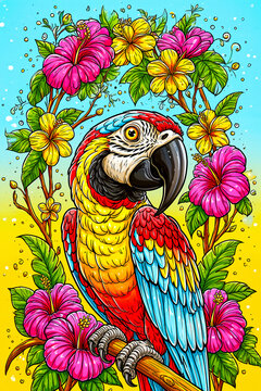 Bunter Ara zwischen tropischen Hibiskusbl&uuml;ten &ndash; farbenfrohe tropische Illustration
