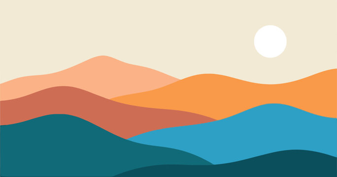 Abstract mountains landscape with soft sun in a minimalist flat vector art style illustration Vector