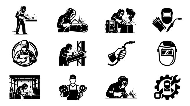 Collection of black and white icons representing various welding processes, equipment, and safety gear, illustrating the industrial trade.