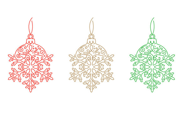 Colorful intricate snowflake christmas ornament set with hanging loop isolated on transparent background, Vector, illustration Christmas Day 2027 one line art vector editable design
