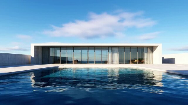 Modern minimalist luxury villa with glass walls and private infinity pool under a clear blue sky