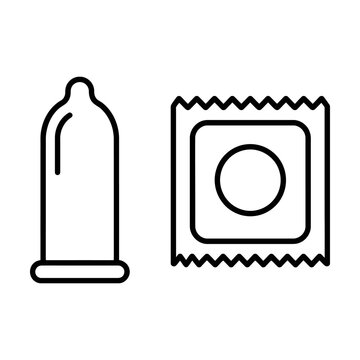 Black outline icon set of a condom and a square condom wrapper package for safe sex protection Vector