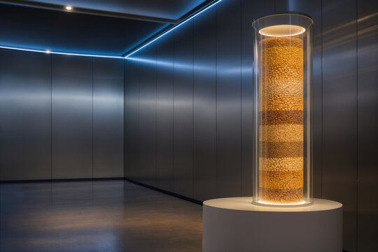 Futuristic seed bank vault glass cylinder filled with layered golden seeds on white pedestal in stainless steel preservation room symbolizing crop resilience food security and genetic preservation