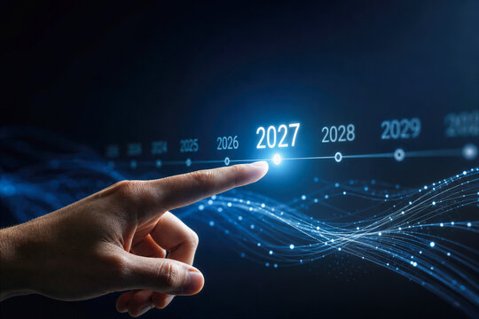 Hand pointing at glowing 2027 on digital timeline with AI data streams representing future technology roadmap planning strategic business innovation corporate leadership