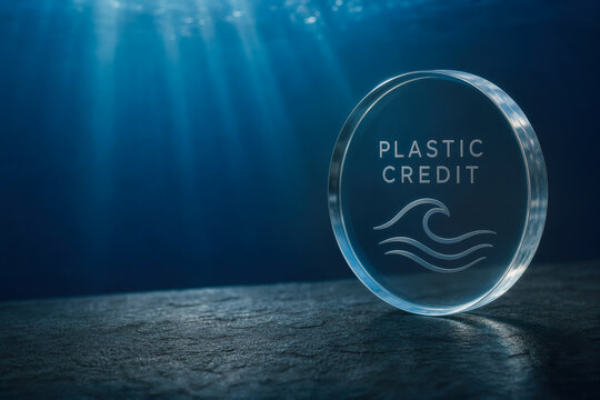 Premium translucent glass Plastic Credit token on dark stone with etched wave icon for ocean cleanup plastic credits blue economy ESG sustainability corporate finance visual