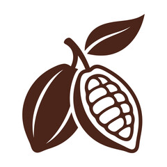 Dark brown cocoa bean pods icon with one whole pod and one open pod showing interior seeds Vector © azad