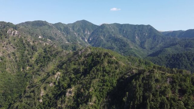 Aerial drone view of high mountains covered in forest. Mountain massif. Mountain range from an aerial perspective. Neretva river canyon, Bosnia and Herzegovina. 