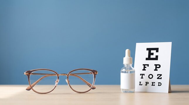 Pair of stylish glasses and dropper bottle of eye drops next to vision test card on wooden desk for eye care and ophthalmology concept with blue background