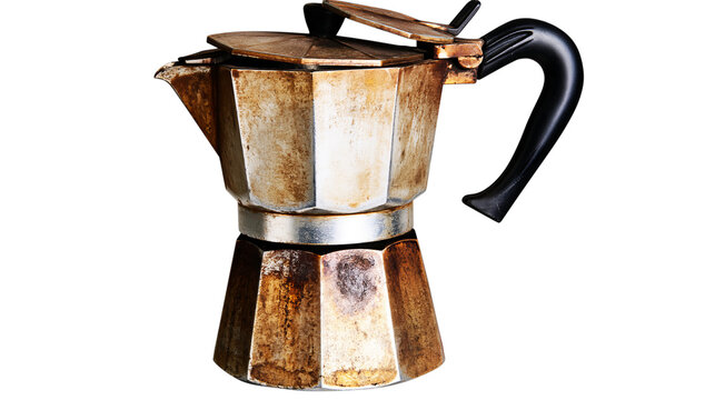 Vintage espresso maker isolated on a transparent background, showcasing rustic charm and aged metal textures, a classic coffee brewing device