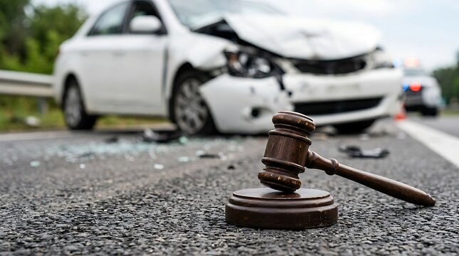 Wooden judge gavel resting on the road in front of a crashed white car at the scene of a serious traffic accident